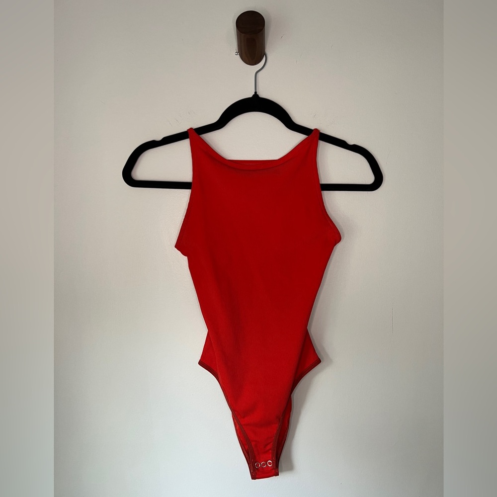 Topshop Ribbed Bodysuit in Bright Red, Size 2